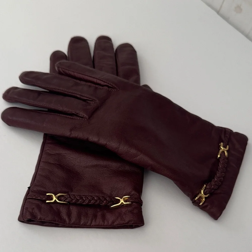 Vintage Van Raalte Ladies M Oxblood Leather Gloves with Gold Tone Details